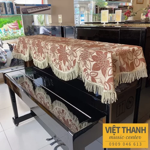 Khăn phủ đàn piano màu nâu vàng thêu hoa cao cấp