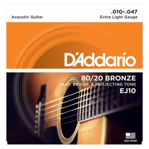 Dây đàn guitar acoustic D’Addario EJ10, 80/20 Bronze, Extra Light, 10-47