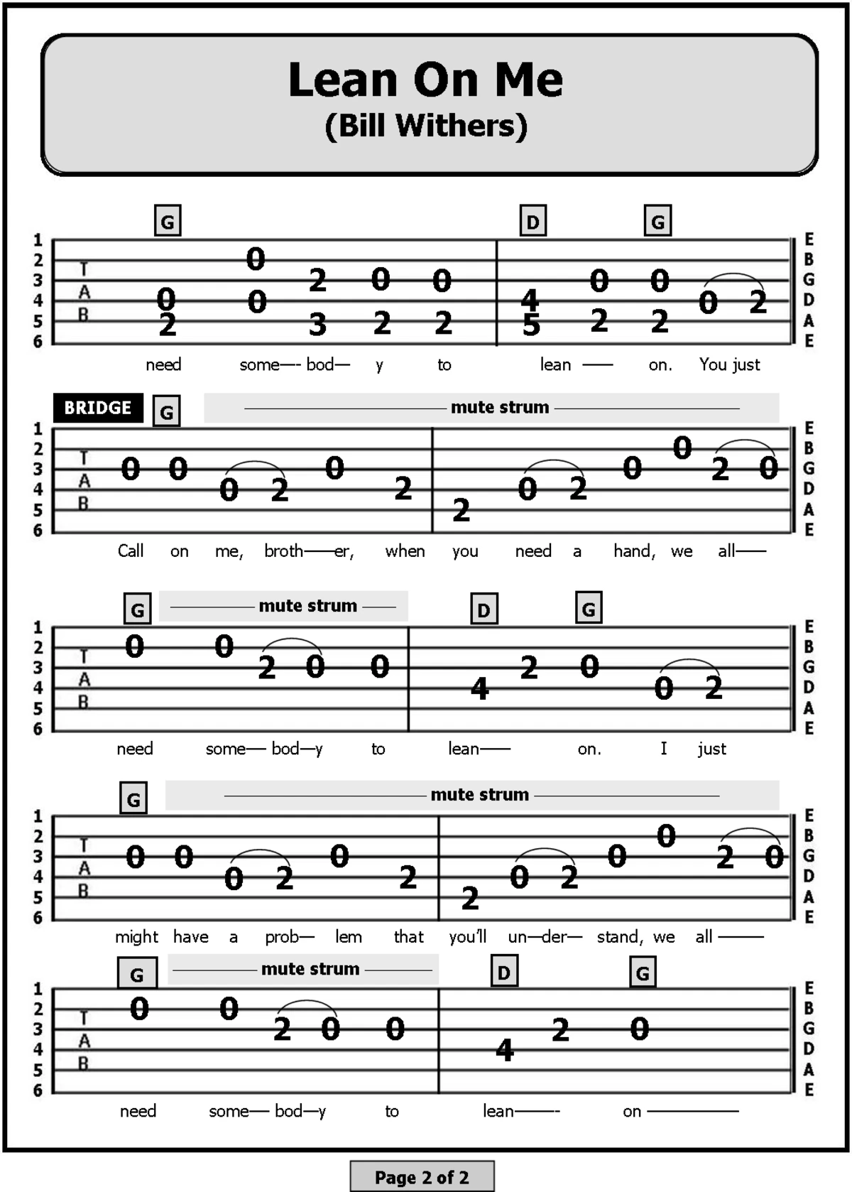 tablature tab guitar bai hat lean on me