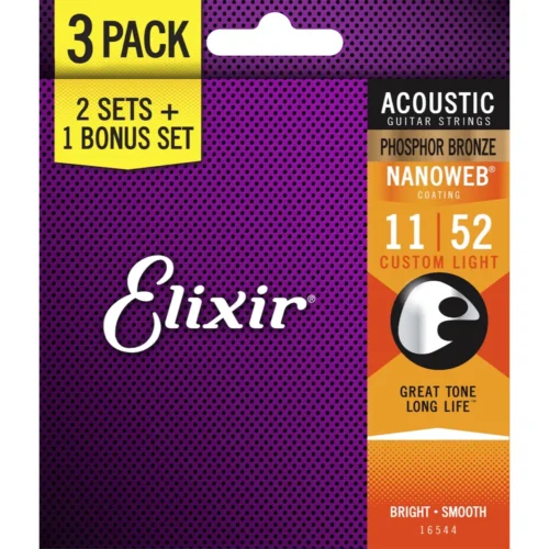 Dây đàn guitar acoustic Elixir 3313216544 (PACK 3) 11-52 Custom Light, Nanoweb, Phosphor Bronze