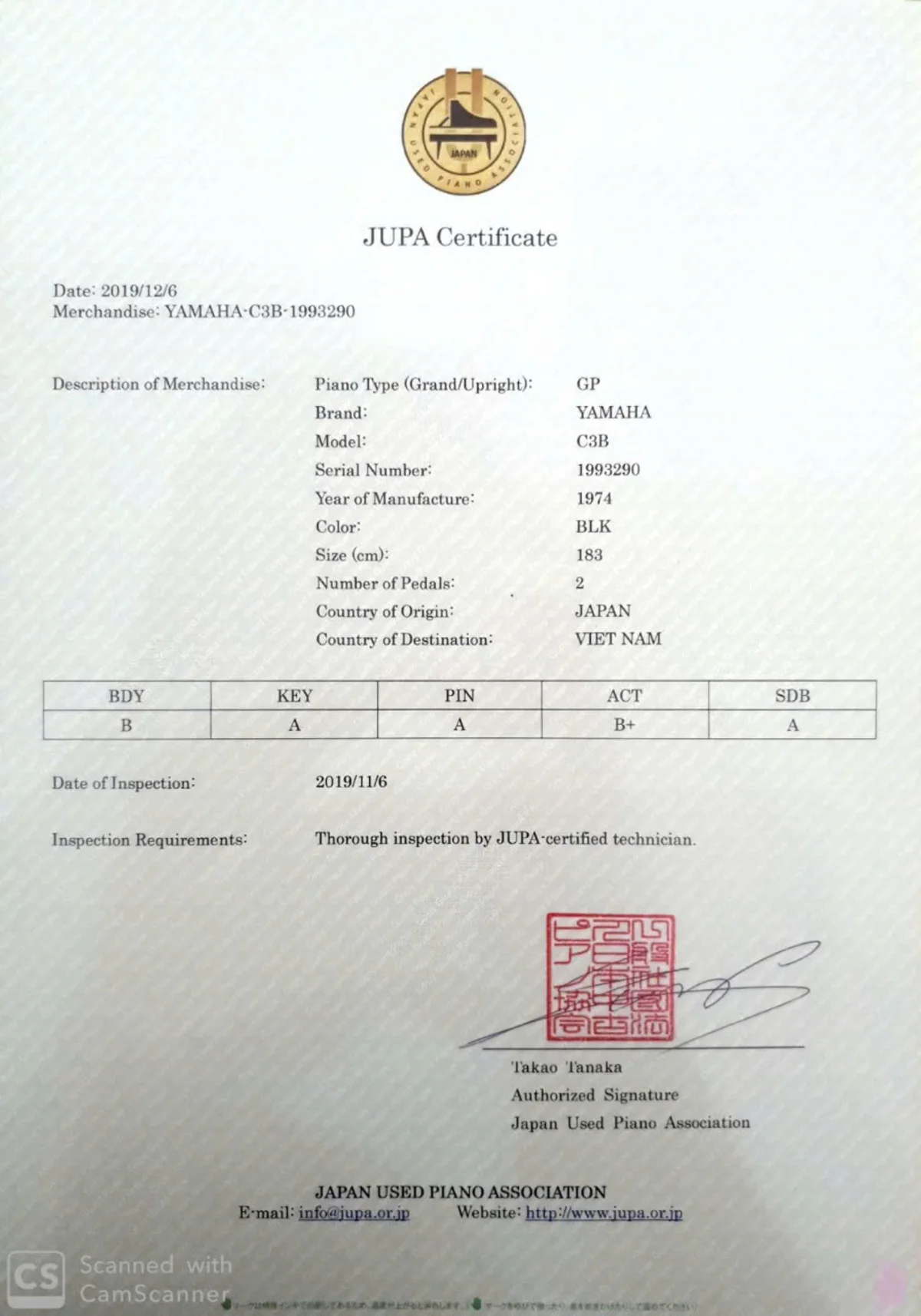 giay chung nhan chat luong piano yamaha c3b