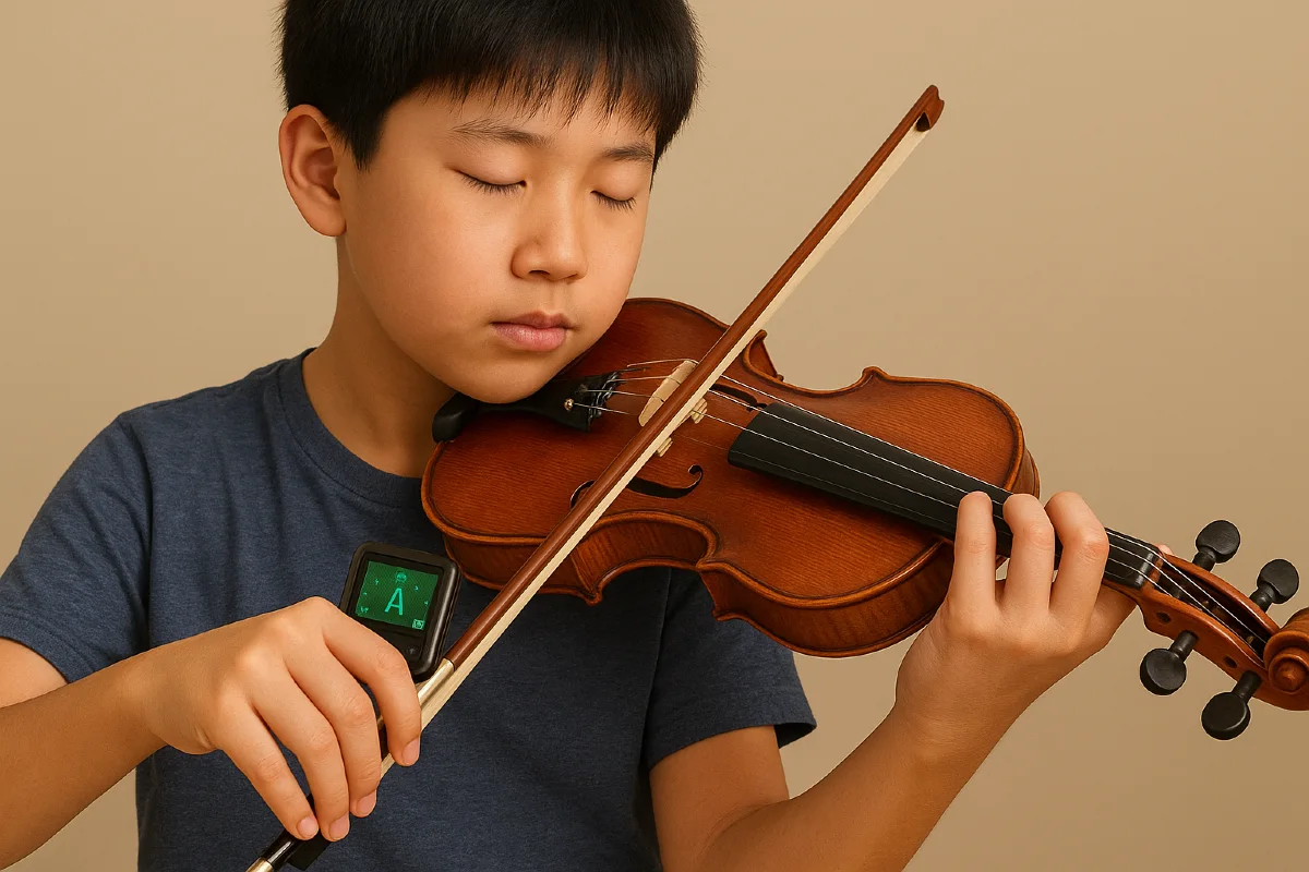 hoc sinh dang su dung may chinh am ket hop voi viec choi violin de luyen tap cam am