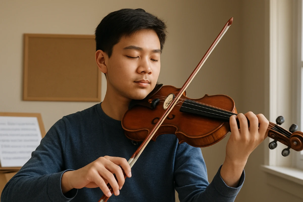 hoc sinh violin dang tap luyen