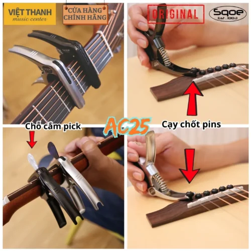 Capo guitar SQOE AC25 3in1, cạy chốt pin, cắm pick, dành cho guitar Acoustic, Classic, Electric