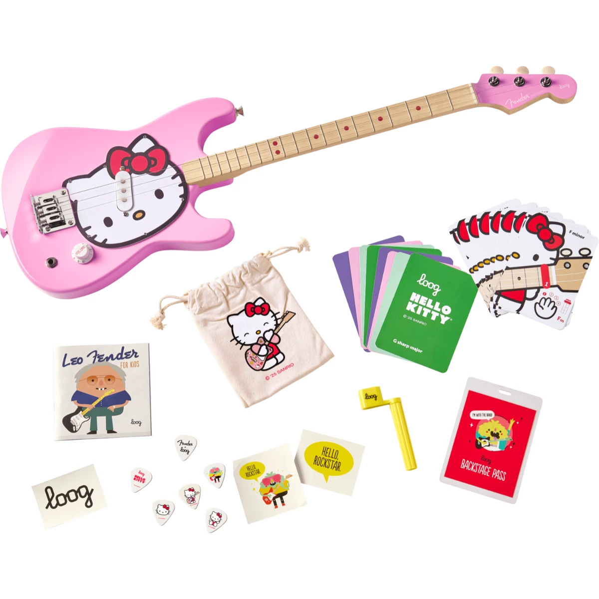 dan guitar dien 3 day cho tre em fender x loog x hello kitty stratocaster